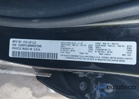 2022 Ram 1500 Trx from USA, damaged, VIN 1C6SRFU98NN227240